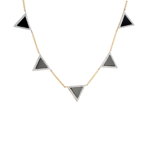 Black Agate and Diamond Triangle Element Necklace, 14K Yellow Gold
