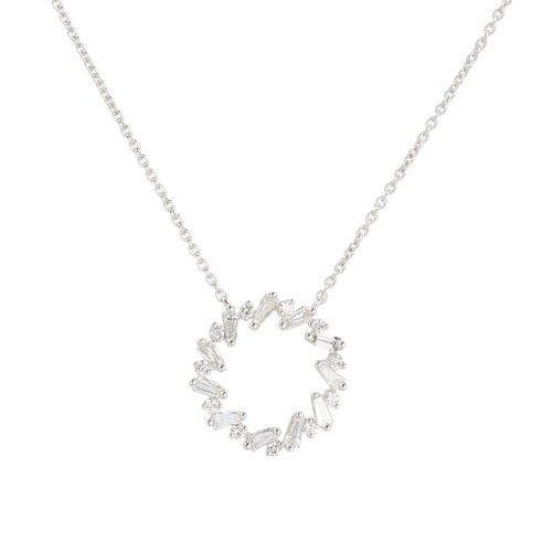 Baguette Diamond Open Circle Necklace, 14K White Gold