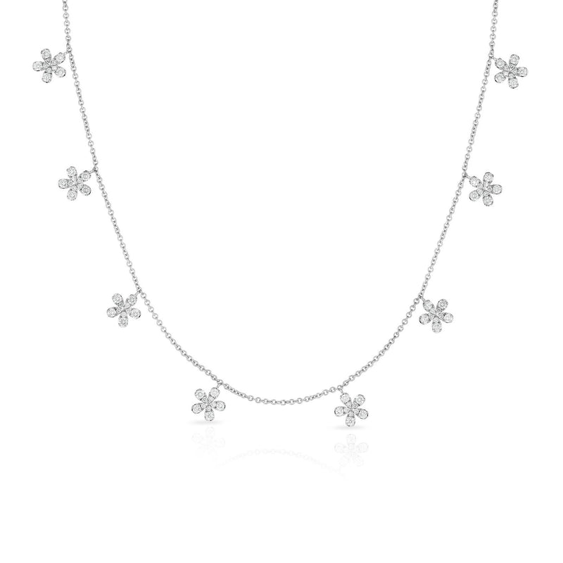 Dangling Diamond Flowers Necklace, 14K White Gold