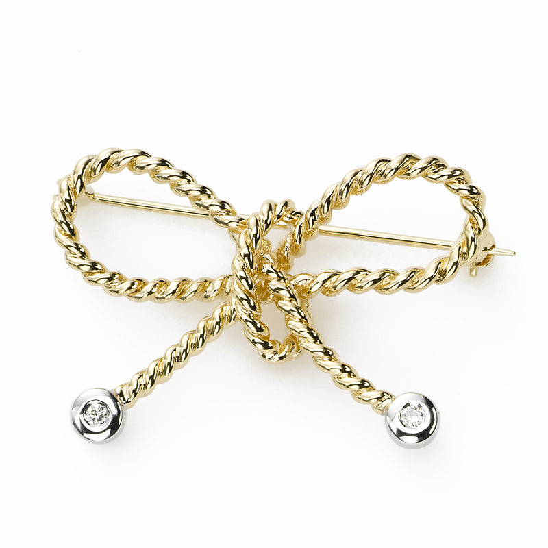Diamond Bow Pin, 14K Yellow & White Gold