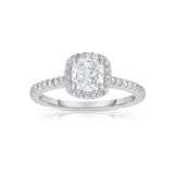 Cushion Cut Diamond Halo Ring, 14K White Gold