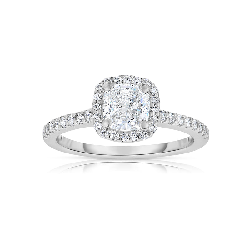 Cushion Cut Diamond Halo Ring, 14K White Gold