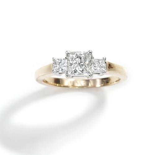 Three Stone Princess Cut Diamond Ring, 14 Karat Gold