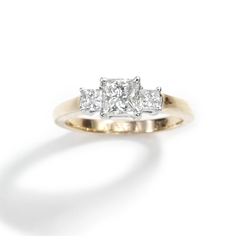 Three Stone Princess Cut Diamond Ring, 14 Karat Gold