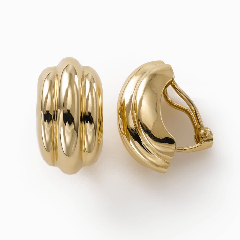 Ribbed Button Earrings, Non-Pierced Clip, 14K Yellow Gold