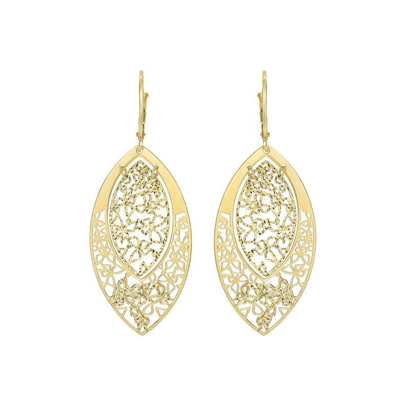 Marquise Shaped Filigree Dangle Earrings, 14K Yellow Gold