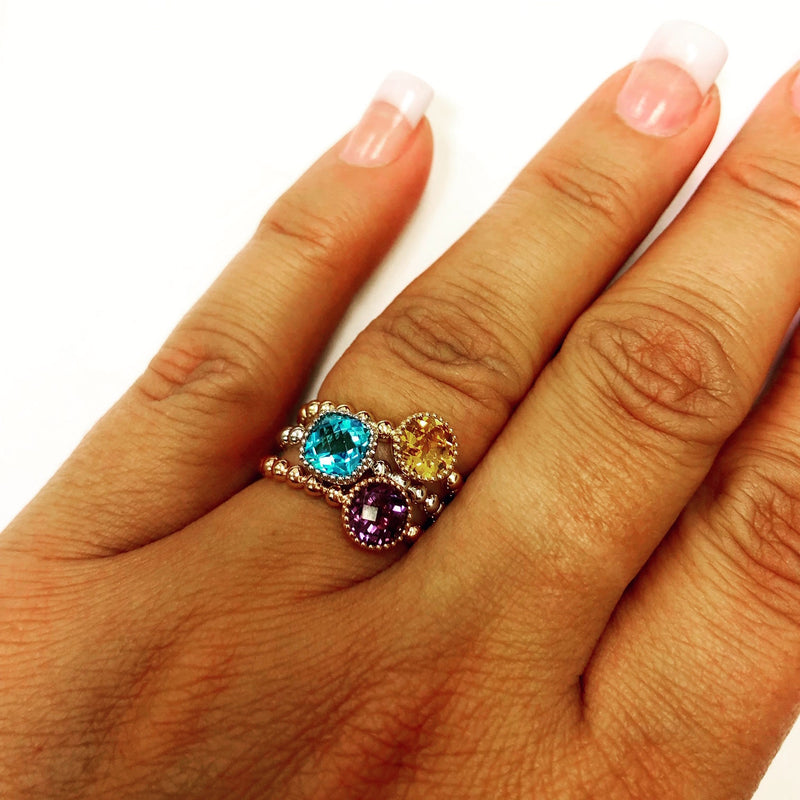 Bead Design Cushion Shape Amethyst Ring, 14K White Gold