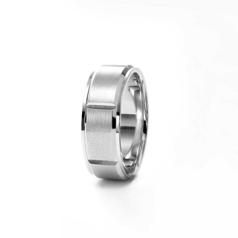 Mens Brushed Beveled Wedding Band, 8 MM, 14K White Gold