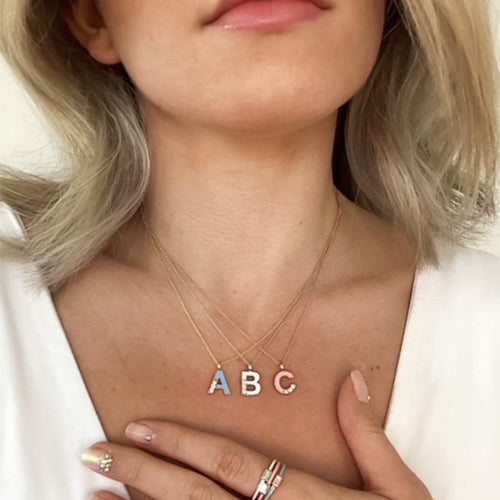 Capital Letter Blue Enamel Initial Pendant, 14K Yellow Gold