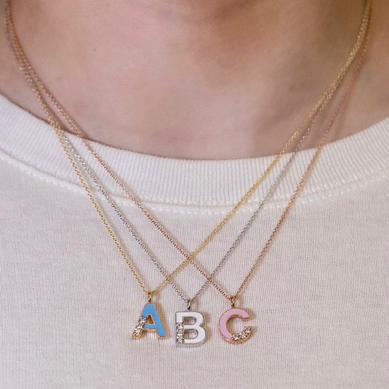 Capital Letter Blue Enamel Initial Pendant, 14K Yellow Gold