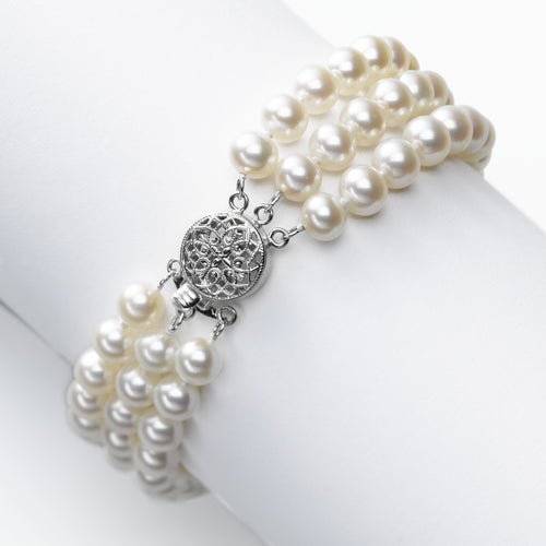 3 Row Freshwater Cultured Pearl Bracelet, 14K White Gold