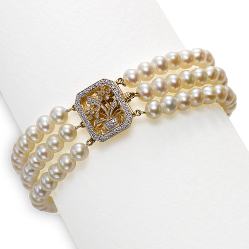 Triple Cultured Pearl And Diamond, 6.5 MM Bracelet, 14K Yellow Gold