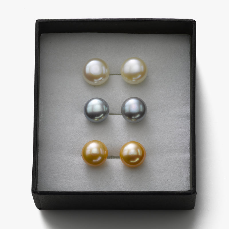 Set of Three Pairs Freshwater Pearl Stud Earrings, Sterling Silver