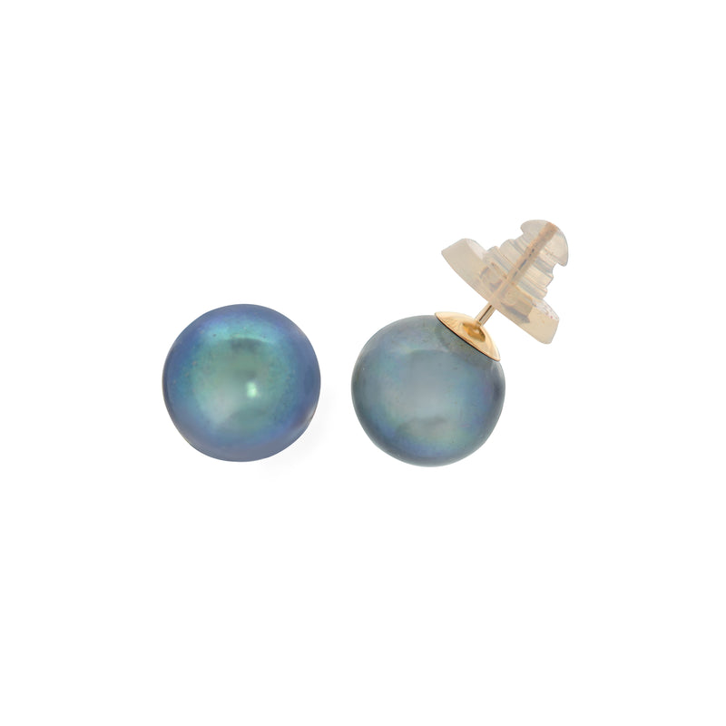 Dyed Black Freshwater Pearl Earrings, 9-10MM, 14K Yellow Gold