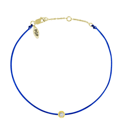 Bezel Set Diamond Bracelet, Cobalt Blue Silk Cord, 14K Yellow Gold Vermeil