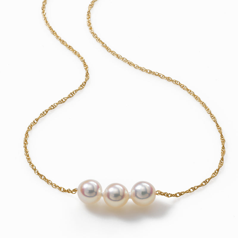 Pearl Starter Necklace, 3 Akoya 6MM Pearls, 15 Inches, 14K Yellow Gold