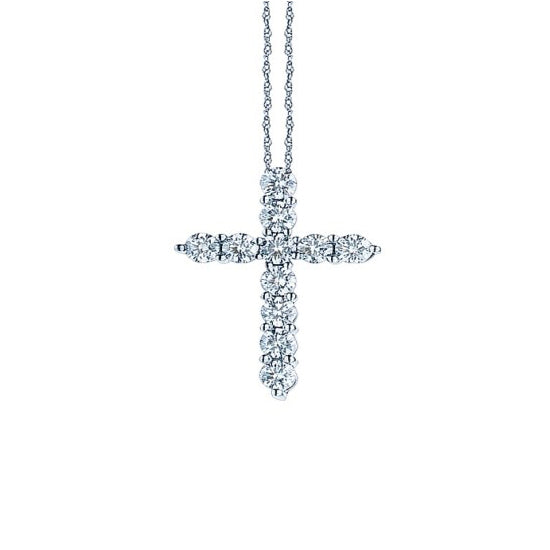 Shared Prong Diamond Cross Pendant, 14K White Gold