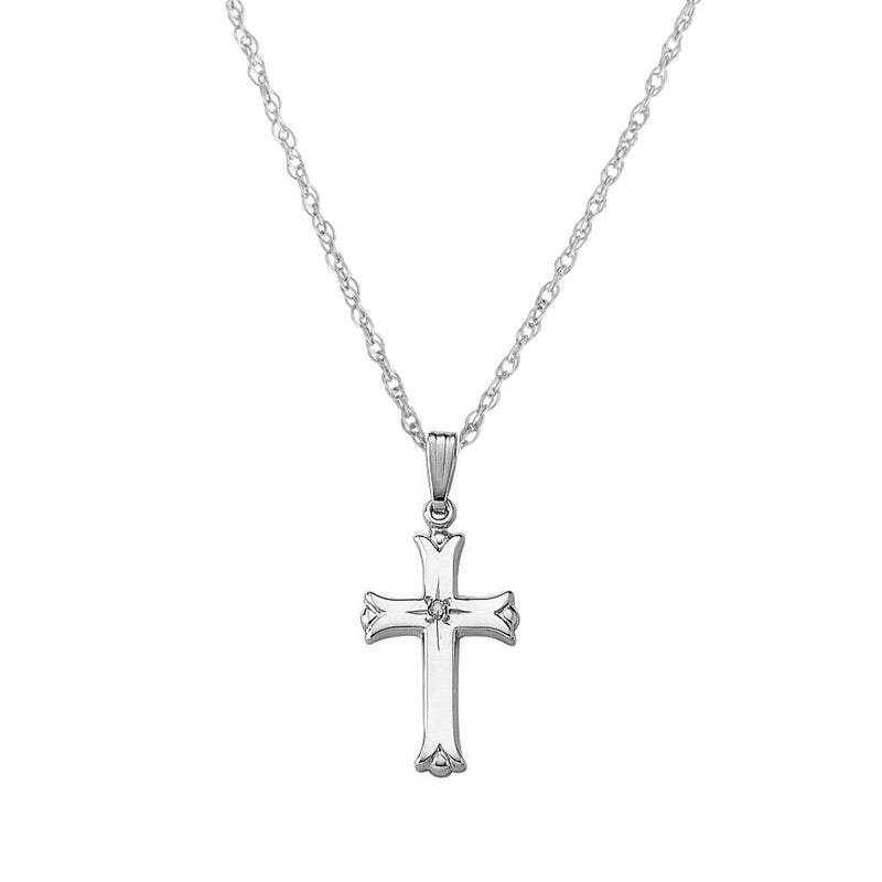 Cross with Flared Ends and Diamond Accent, 14K White Gold