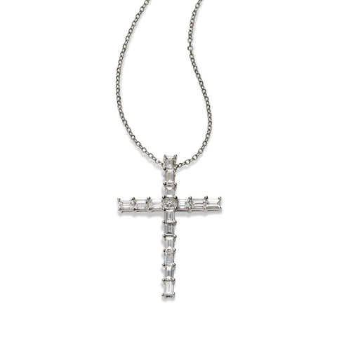 Baguette and Princess Cut Diamond Cross, 18K White Gold