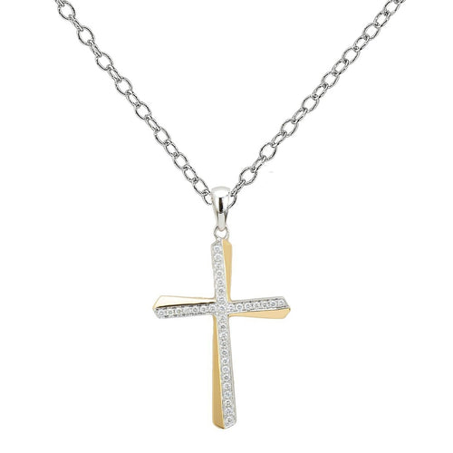 Two Tone Offset Diamond Cross, 14 Karat Gold