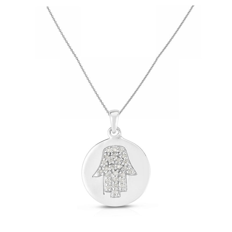 Diamond Hamsa in Disc Pendant, 14K White Gold