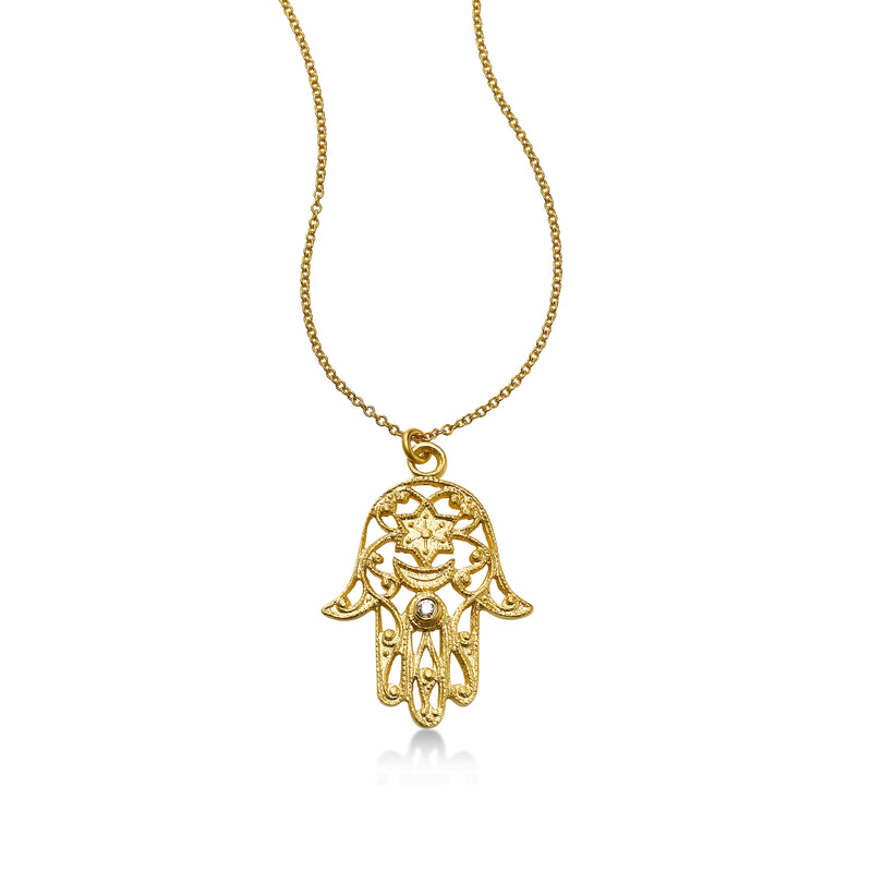 Scrollwork Hamsa Pendant with Diamond, 14K Yellow Gold