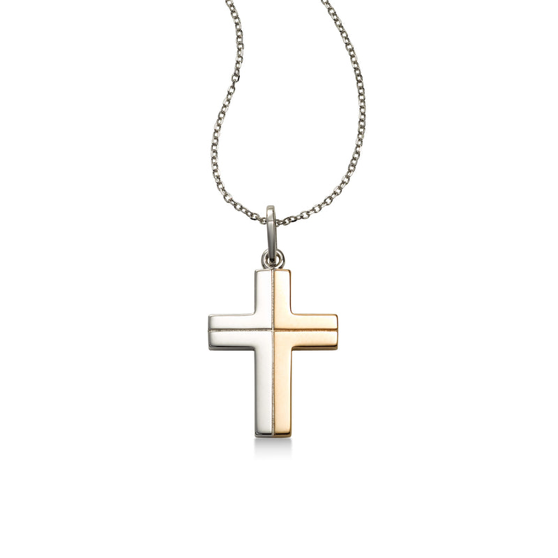 Modern Two Tone Cross Pendant, 14 Karat Gold