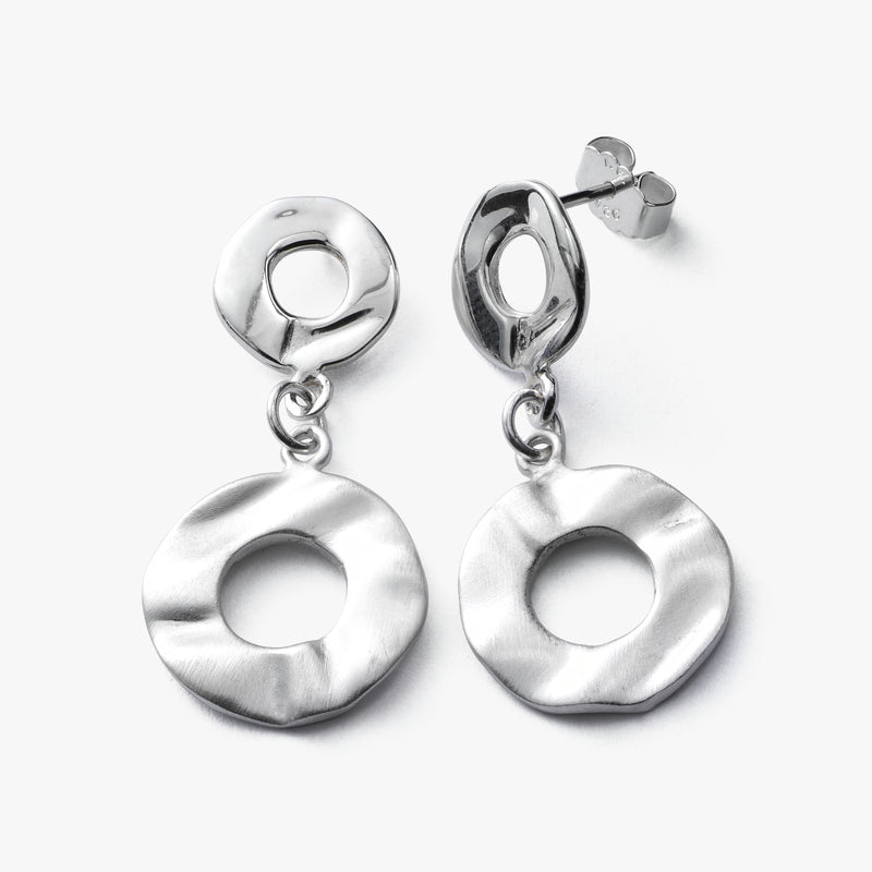 Matte and Shiny Disk Drop Earrings, Sterling Silver