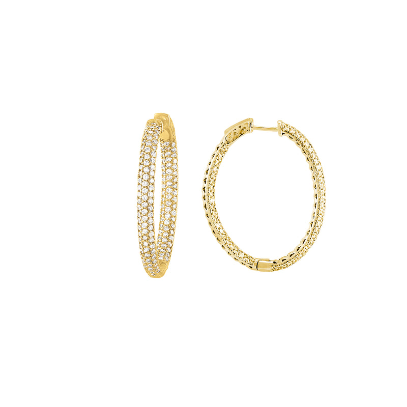 Pavé Set CZ Oval Hoop Earrings, Sterling Silver with Yellow Gold Plating