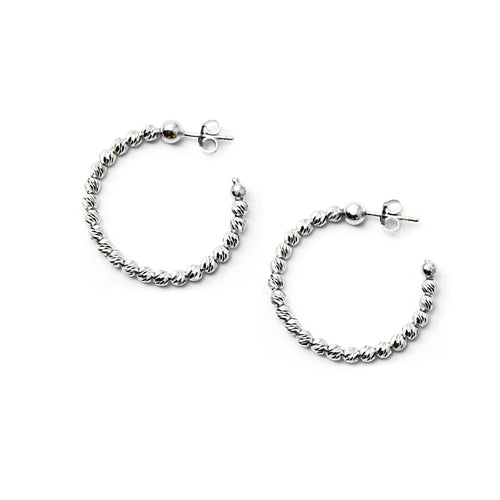 Bead Hoop Earrings, 1.00 Inches, Sterling Silver