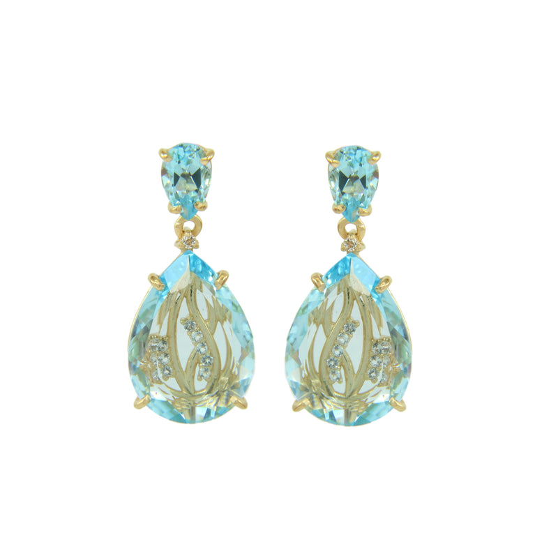 Blue Topaz and White Topaz Drop Earrings, 18K Gold Plated