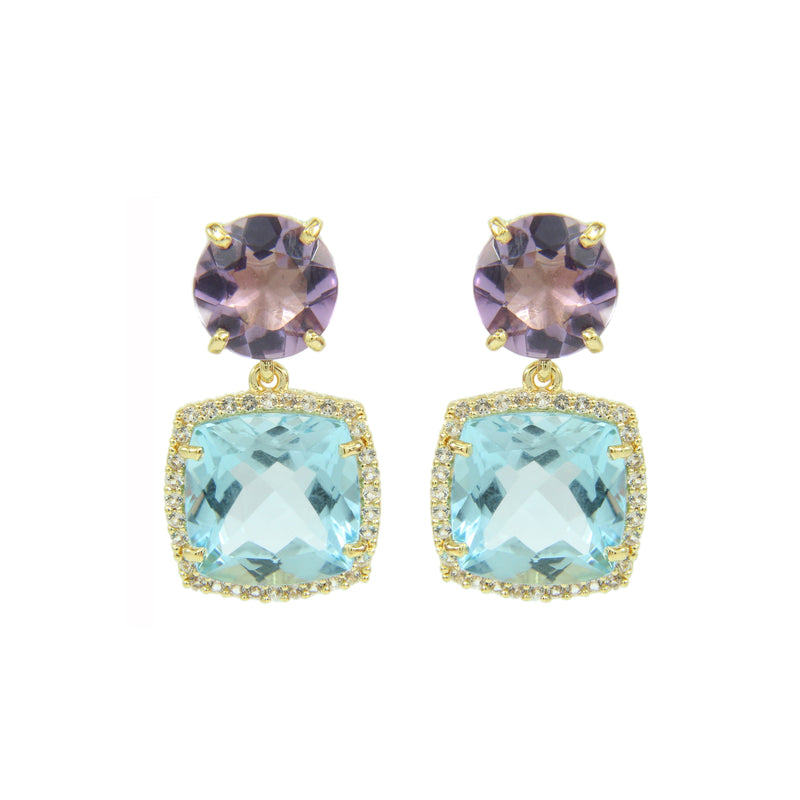 Blue Topaz, Amethyst and White Topaz Drop Earrings, Vermeil