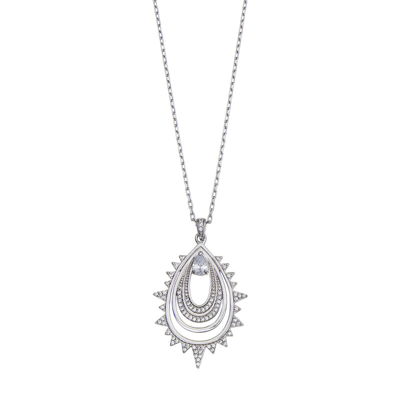 Pear Shape CZ Sunburst Pendant, Sterling Silver