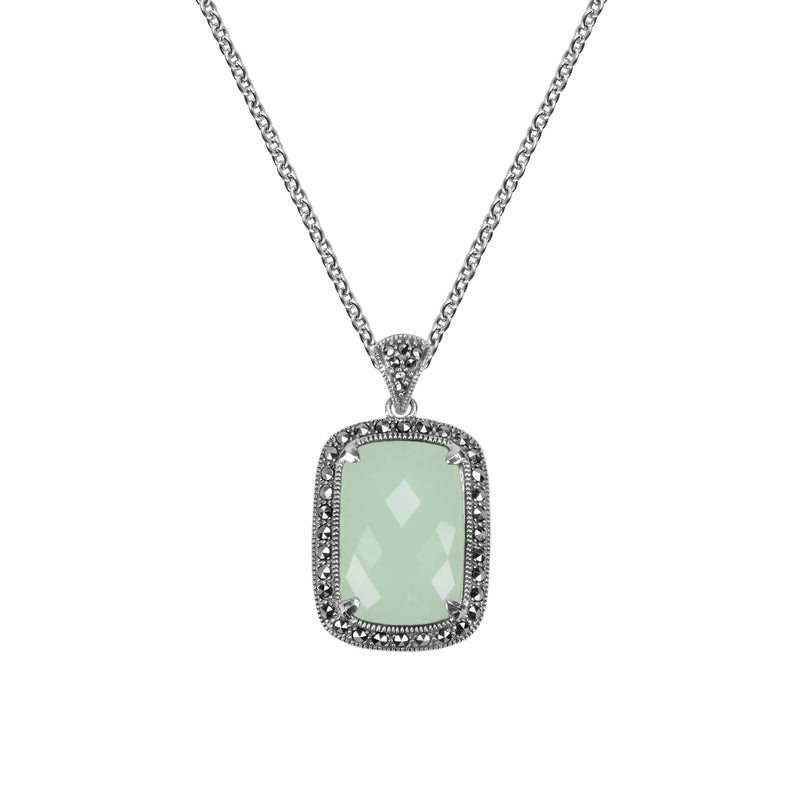 Apple Green Chalcedony and Marcasite Pendant, Sterling Silver