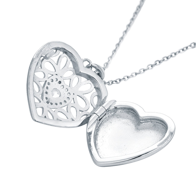 Heart Locket with White Topaz, Sterling Silver