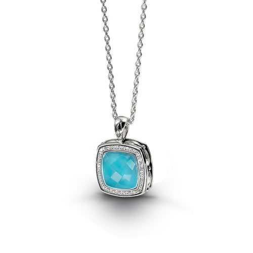 Turquoise and White Quartz Pendant with Diamonds, Sterling Silver