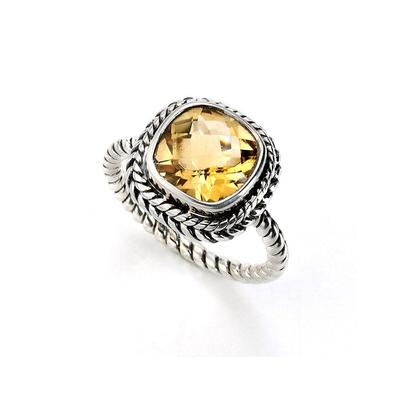 Rope Design Cushion Cut Citrine Ring, Sterling Silver