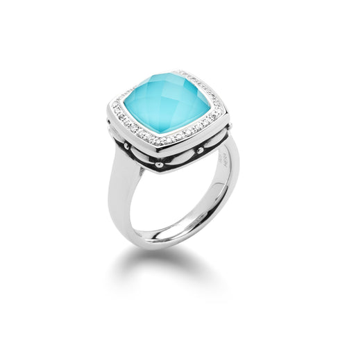 Turquoise and White Quartz Ring with Diamonds
