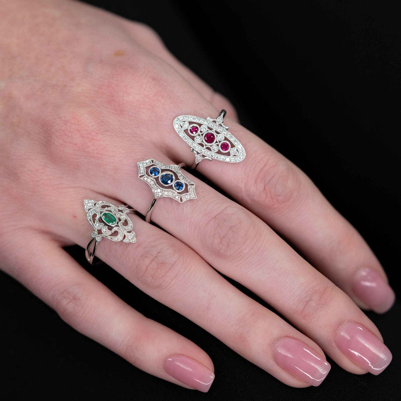 Vintage Style Ruby and Diamond Ring, 14K White Gold